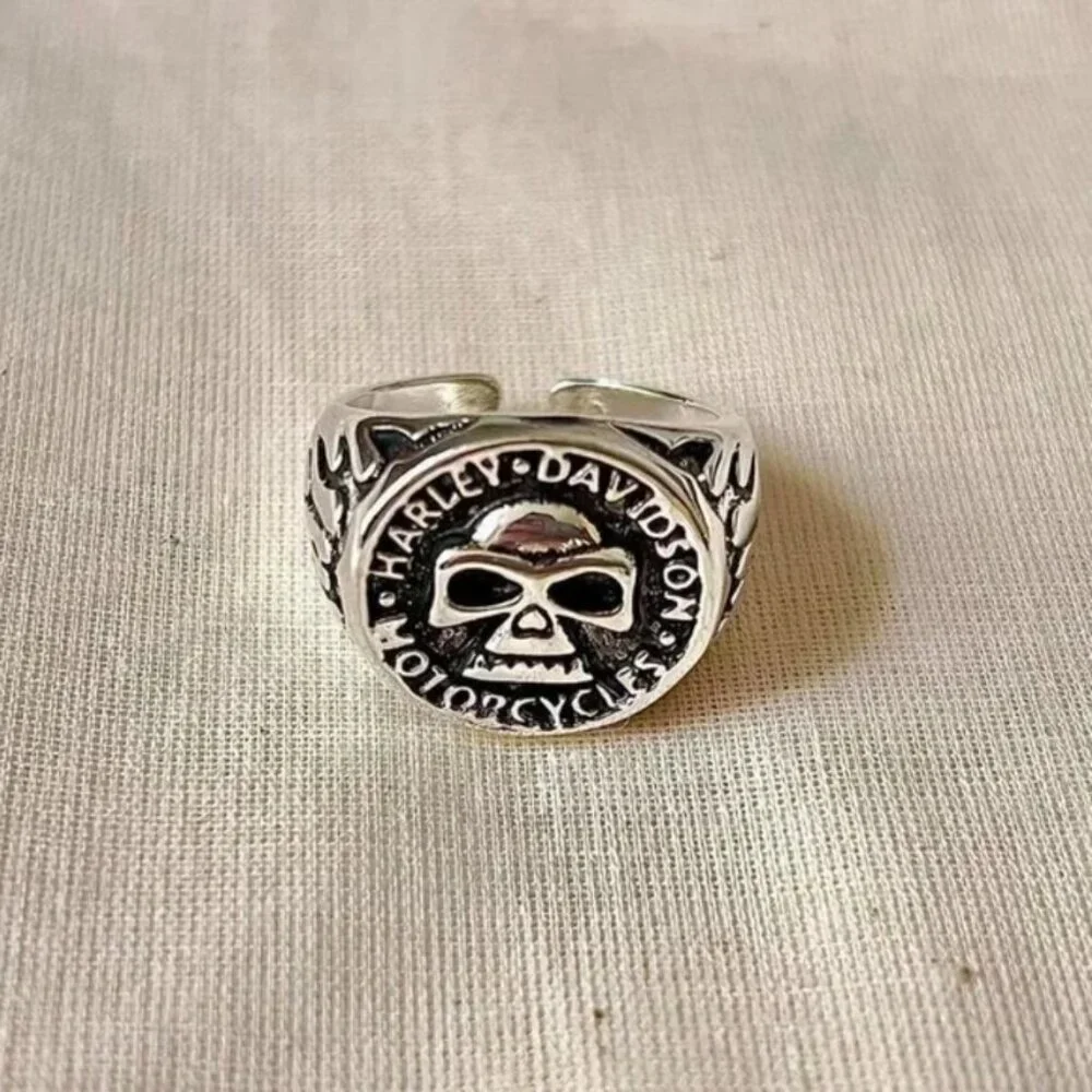 Vintage Harley biker flame skull silver chrome ring